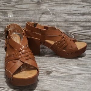 Kork-Ease 10/42 tan/brown platforms open toe huarache high heels sandals